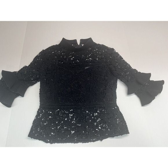 Rachel Zoe Womens Lace 3/4 Sleeve Size 2 Back Zip Blouse Black - Picture 1 of 11